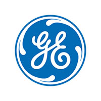 GE logo in blue color and a white color background