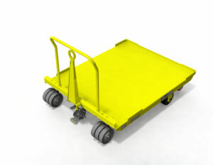 Close up shot of Flat Deck Cart in yellow color with wheels