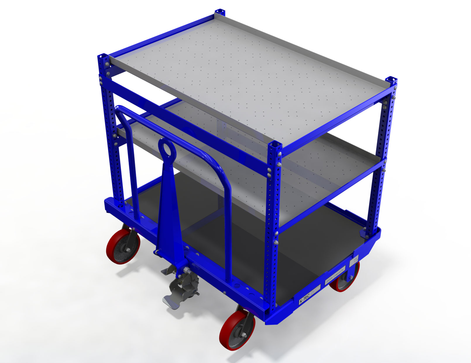 A blue and gray color trolley with a white background