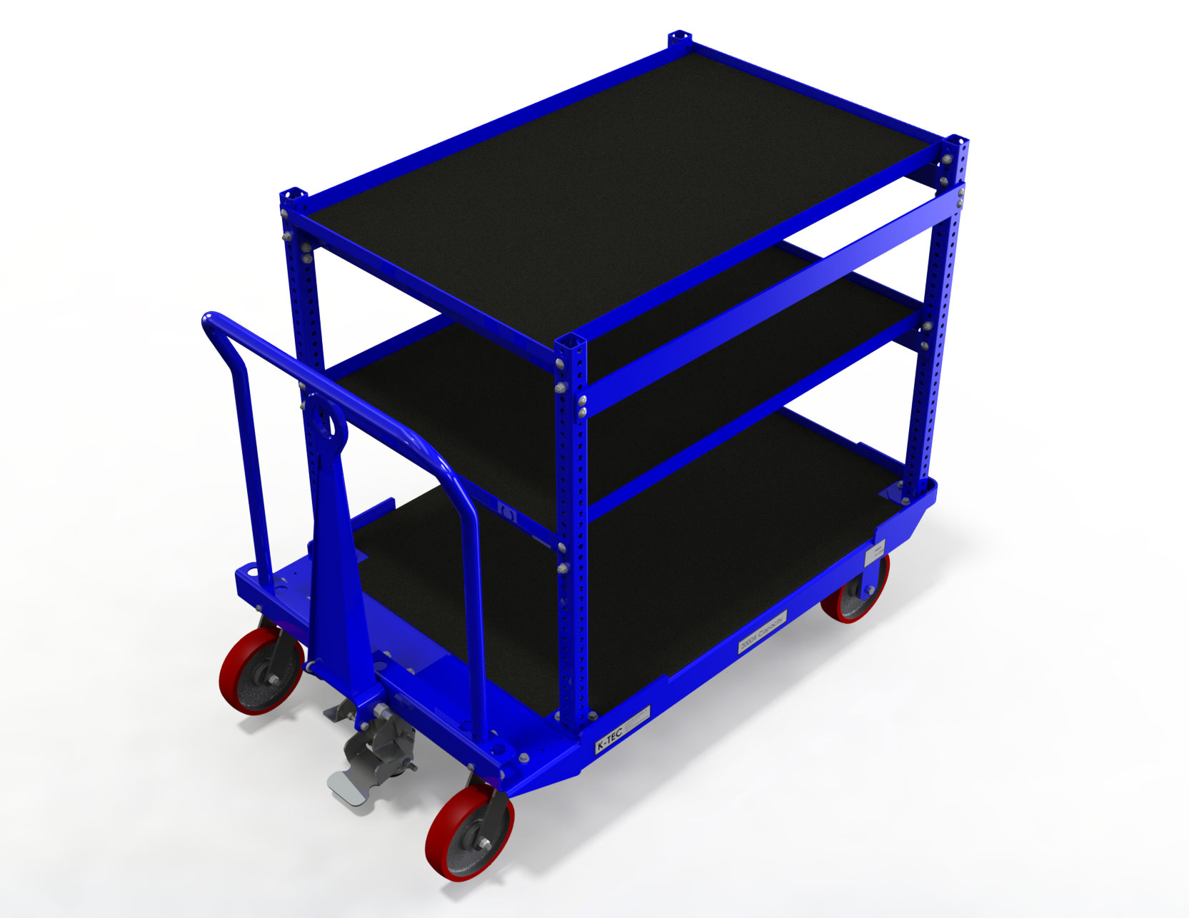 A blue and black color cart with some wheels
