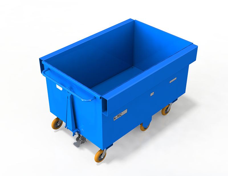 A blue color cart with wheels and a white background